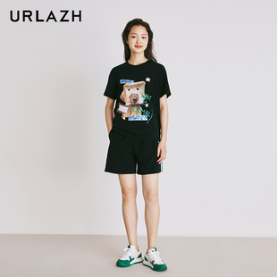URLAZH有兰夏季 女 新款 黑色简约百搭休闲宽松绿色撞色运动短裤