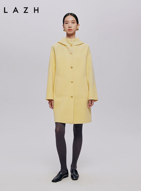 URLAZH有兰秋季新款简约时尚奶呼呼鹅黄色羊毛连帽休闲大衣外套女
