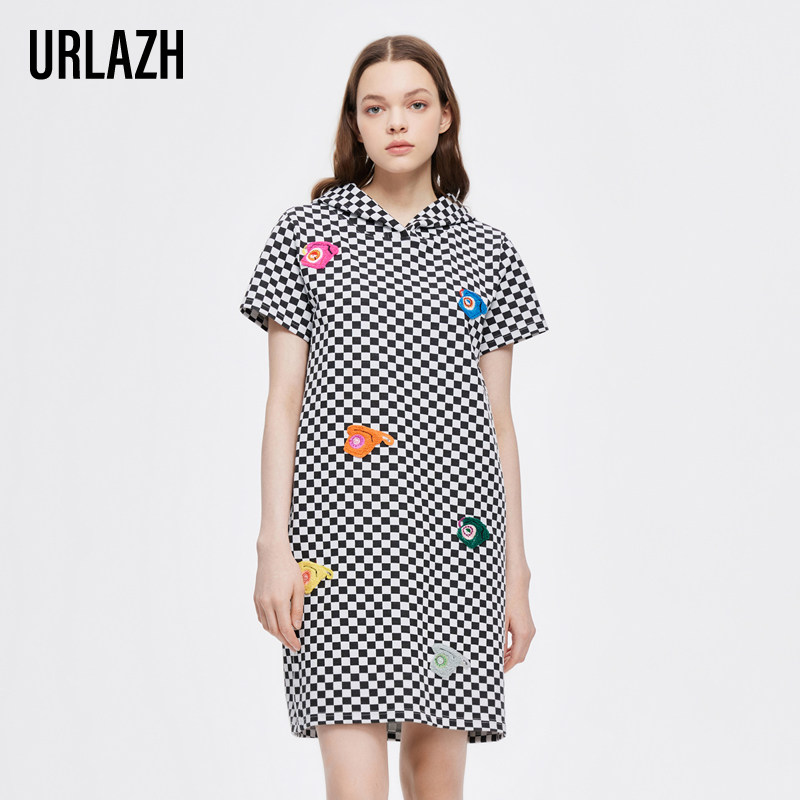 URLAZH有兰春季新款百搭黑色时尚棋盘格连帽卫衣短袖连衣裙女,女装/女士精品,连衣裙,淘宝优惠券,粉丝福利购,淘宝优惠卷