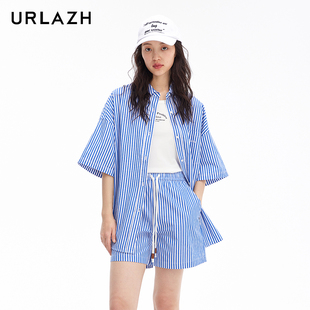 URLAZH有兰夏季新款纯棉休闲蓝白条纹短袖衬衫上衣薄款外套女