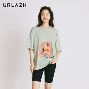 T恤女 清新绿色纯棉宽松休闲印花圆领短袖 URLAZH有兰夏季 新款