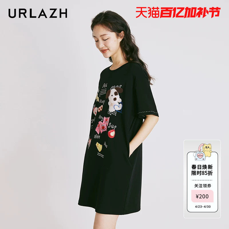URLAZH有兰夏季新款复古洋气黑色涂鸦印花宽松休闲短袖连衣裙女