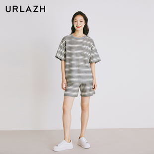URLAZH有兰夏季 女 新款 复古简约灰色百搭条纹休闲宽松纯棉运动短裤