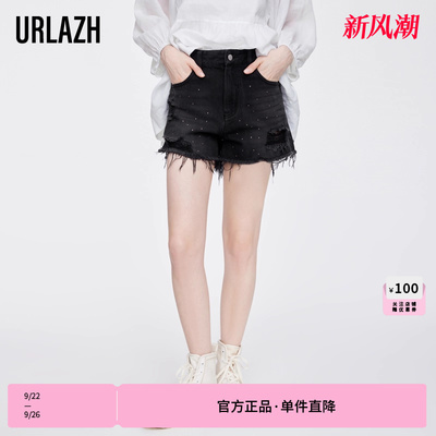 URLAZH/有兰黑色纯棉牛仔短裤