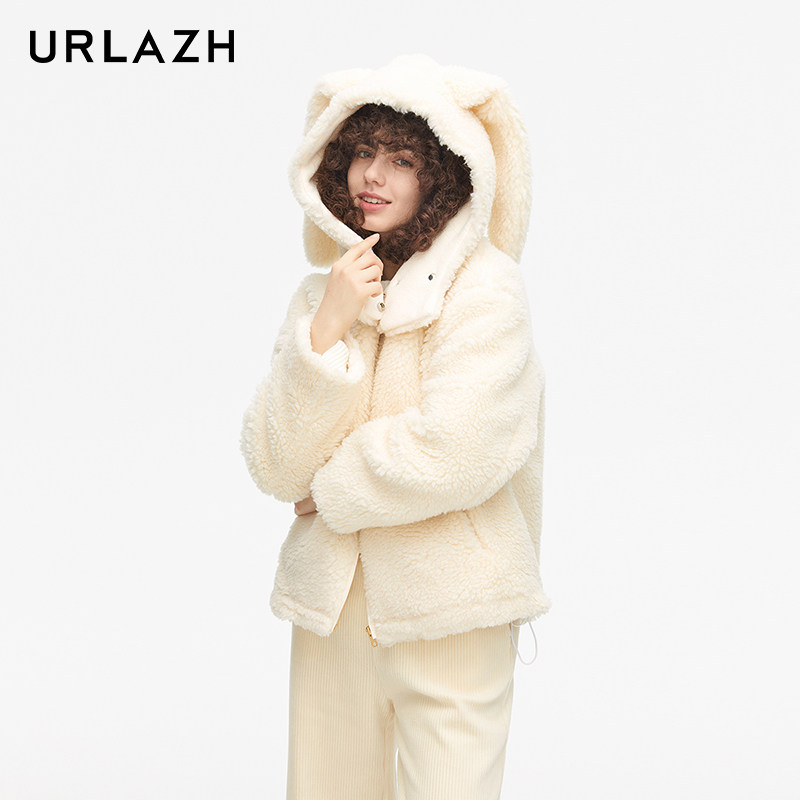 URLAZH有兰新款洋气时尚减龄连帽宽松短款毛呢外套大衣女
