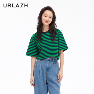 URLAZH有兰夏季新款复古时尚设计感黑绿色条纹短款短袖t恤女
