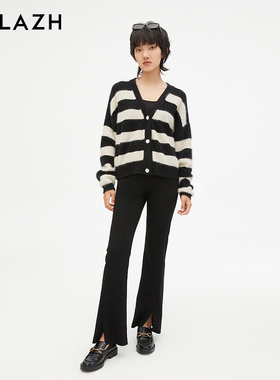 URLAZH有兰新款黑色高腰开叉设计微喇休闲裤女EM3PA08