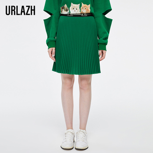URLAZH有兰新款 高腰百褶裙半身裙女短 复古绿色气质时尚