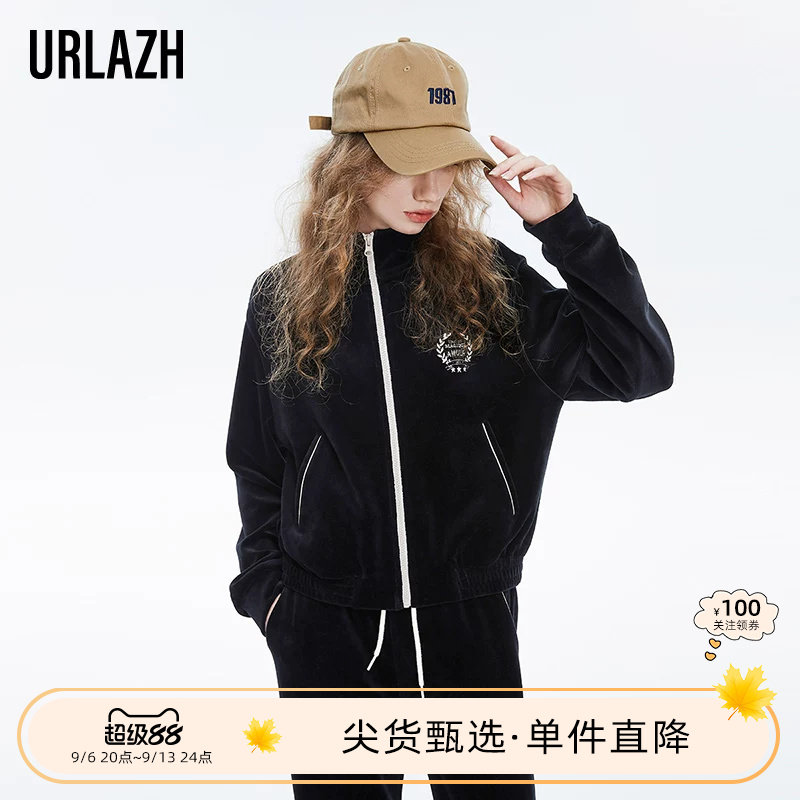 URLAZH有兰春季新款复古气质黑色短款运动休闲刺绣外套上衣女