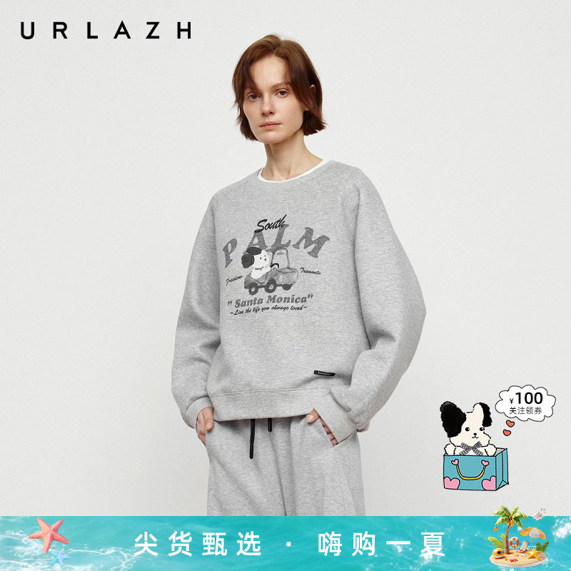 URLAZH有兰秋季新款复古灰色漫画狗狗印花圆领插肩袖休闲宽松卫衣