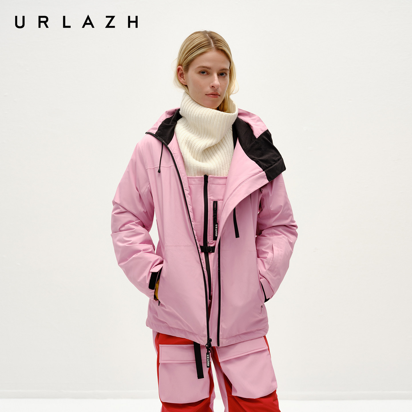 URLAZH有兰冬季新款户外风草莓粉三防立领抽绳连帽雪服宽松棉服女