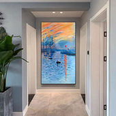 莫奈纯手绘风景油画日出玄关入户装 饰画客厅大幅T落地画过道走廊