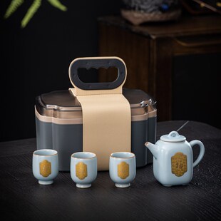 汝窑旅行茶具小i套装 收纳户外车载一壶三杯高档礼品功夫茶 便携式
