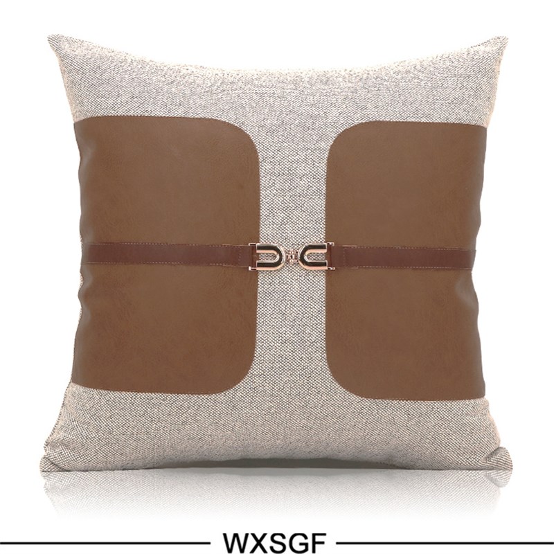 轻奢样板房设计师沙发r田园风棉麻面料原木配搭抱枕靠垫贴皮工艺