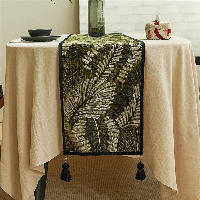 绿底奢金树叶g刺绣桌旗氛围感装饰茶桌垫布茶席餐桌装饰茶几布桌