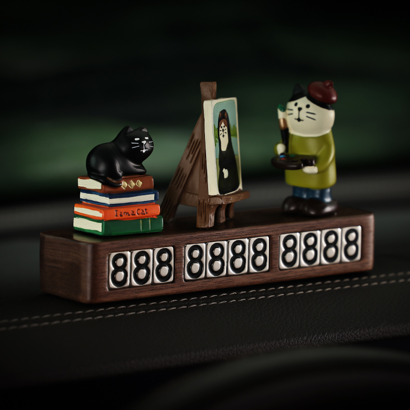 油画艺术家小猫车载挪车牌临时停车移车电话号码手汽.车内饰摆件