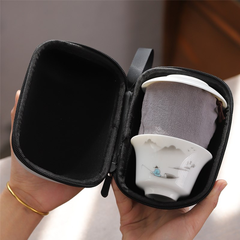 羊脂玉白瓷旅行i功夫茶具套装家用悬停盖碗户外便携茶杯一人饮泡