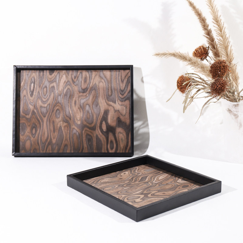 丹麦复古皮革黑边抽象木纹托盘样板D间家居饭厅茶几装饰收纳盘摆