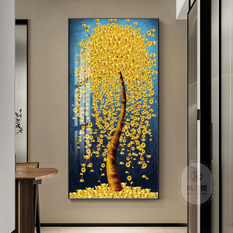 黄金树入户玄关装饰画发财树x美式轻奢客厅走廊尽头壁画金钱树挂图片