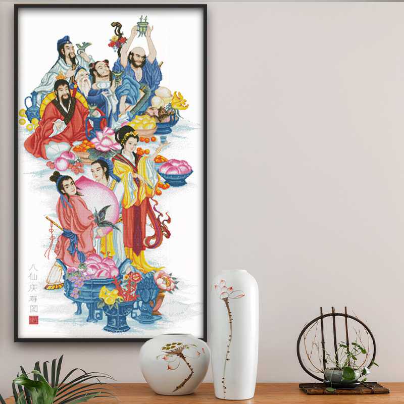 新款印花十字绣财神送福八仙拜寿送老人贺礼祝寿人物系列套包