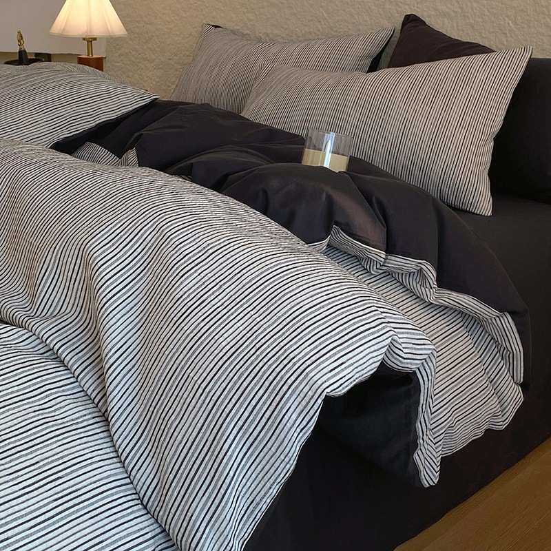 侘寂风纯棉床上四件套全棉黑白条纹被套高级感床品床单三件套床笠