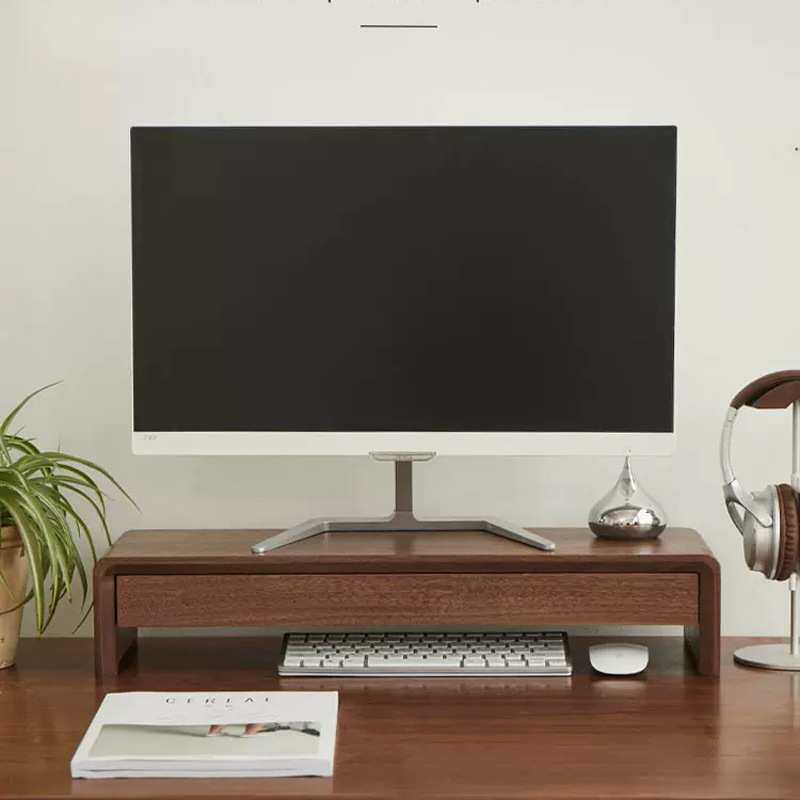 办公室桌面电脑显示器增高架实木桌面置物架台式电脑收纳架带抽屉