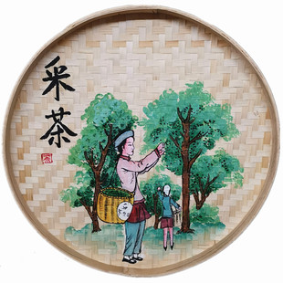 簸箕画手绘竹编茶j室背景墙装饰画茶道茶庄挂画茶楼茶馆茶文化墙