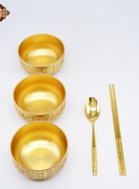 纯铜碗实心吃饭碗三件s套黄铜家用食品用级勺子加厚补铜餐具