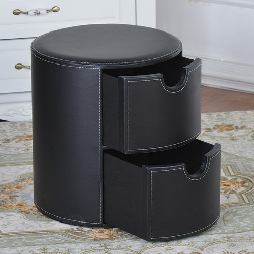 创意简约皮质抽屉式收纳储物凳 圆形皮革床头柜/床V边柜 换鞋坐凳