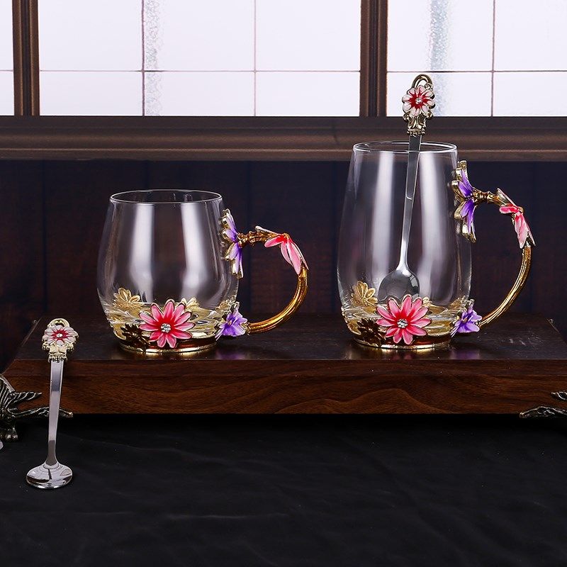 创意珐琅彩水杯i水壶套装家用高档玻璃杯少女心杯子带勺带盖茶杯,餐饮具,玻璃杯,淘宝优惠券,粉丝福利购,淘宝优惠卷