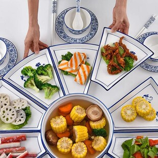 新款创意拼盘餐具碗碟勺t组合套装家用餐盘圆方桌陶瓷菜盘子碗扇