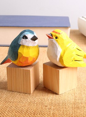 手工木头仿真小木雕鸟模型工艺品小摆件肥啾O创意客厅装饰品可爱