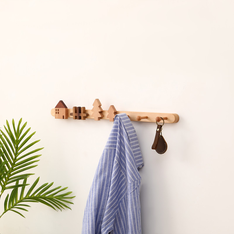 创意墙壁实木挂钩挂衣n架家用进门玄关挂衣排钩ins壁挂衣帽钥匙钩