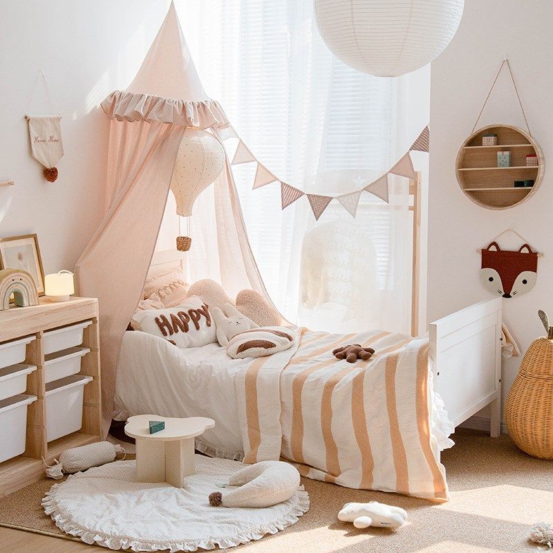 床幔儿童房床头装饰幔帐家用圆顶吊顶遮光床O帘纯棉千鸟格布艺挂