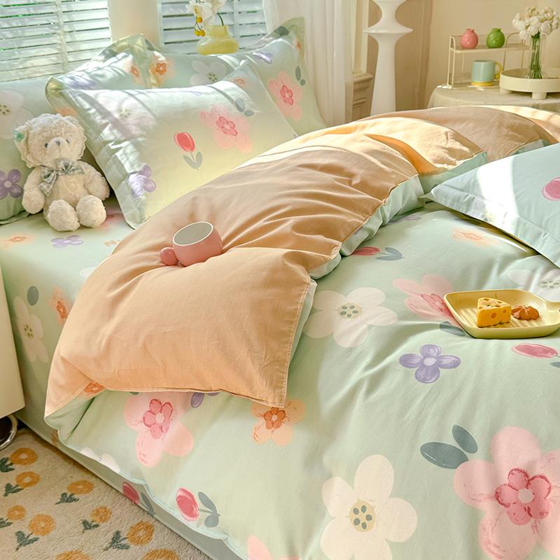 2025新款田园风纯棉床品四件套全棉花卉宿舍床单床笠款被罩三件套
