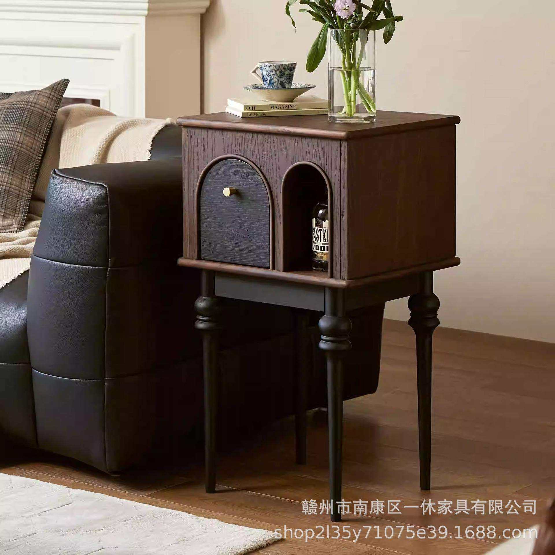 法式复古纯实木床头柜小户型客厅卧室家用中古风黑色沙发窄边边柜