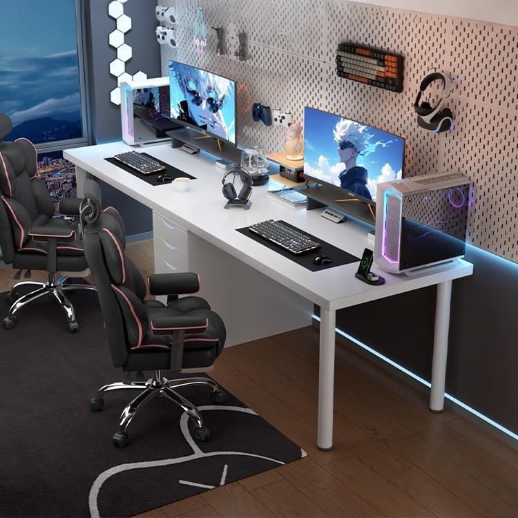 双人电竞桌男生卧室家用白色电脑桌台式网红书桌奶油风简易工作台