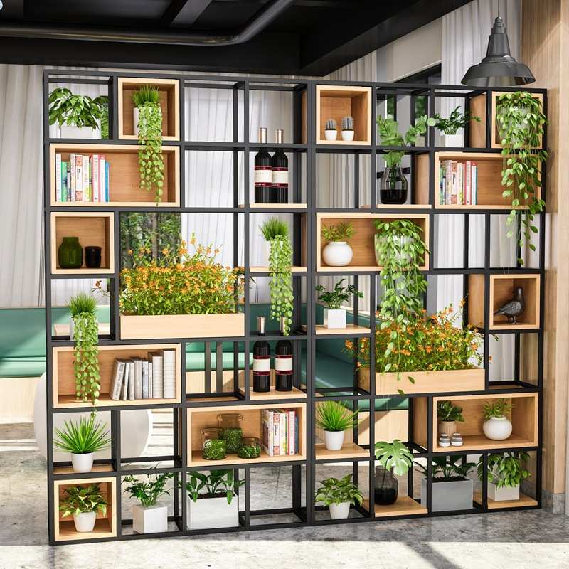 loft美式复古工业风屏风隔断铁艺实木格子置物架展示架书架家具
