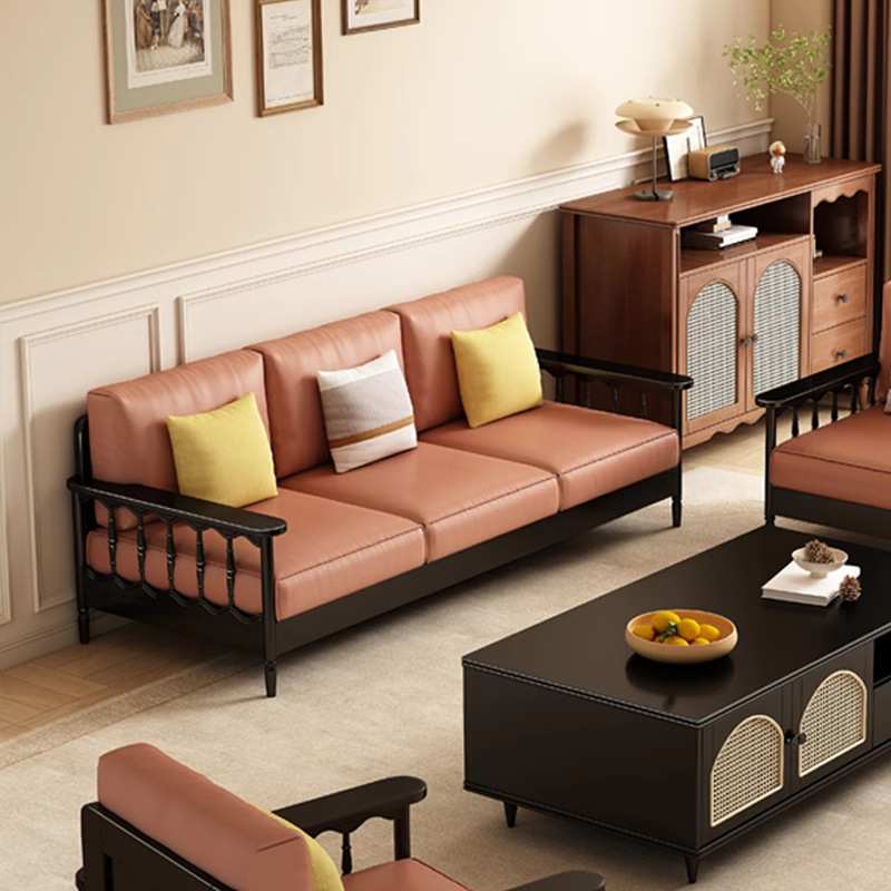中古风实木沙发经济型客厅电视柜茶几组合现代简约小户型直排沙发