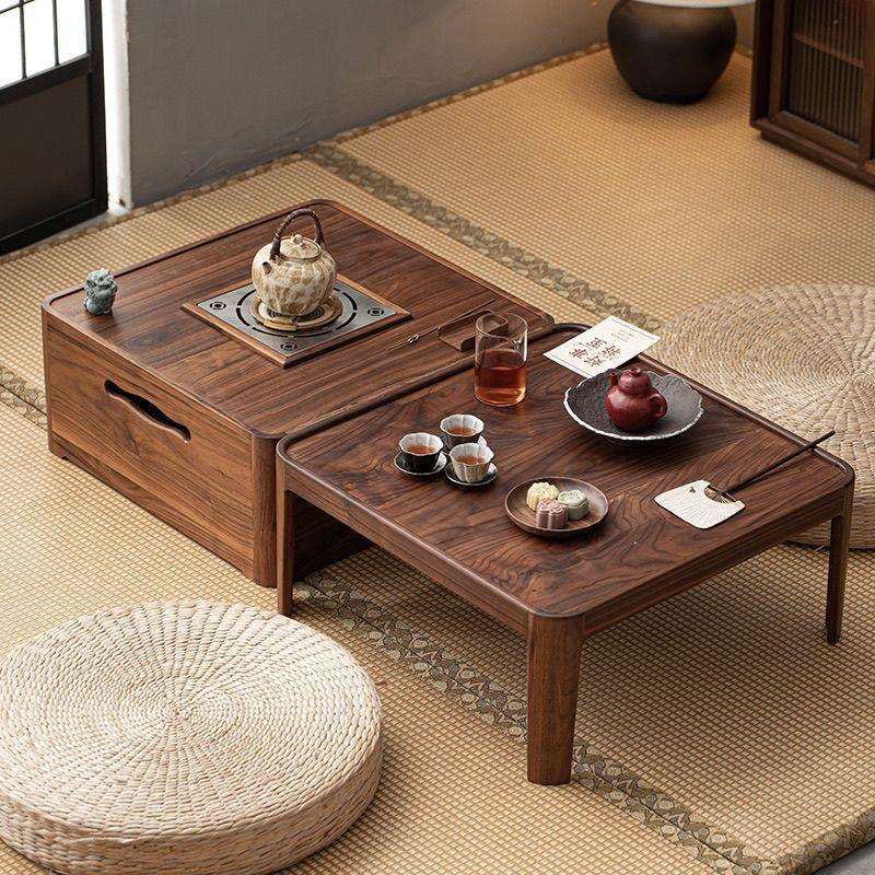 北美黑胡桃木飘窗桌子矮桌榻榻米中式实木炕桌茶桌阳台茶几可折叠