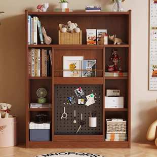 移动门带洞洞板实木书架落地置物架家用儿童书柜一体储物柜展示柜