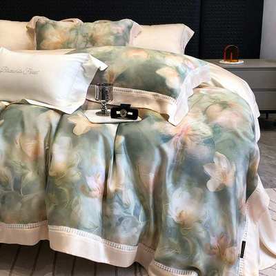 现代轻奢风数码印花丝滑凉感透气床品兰精莱赛尔天丝四件套