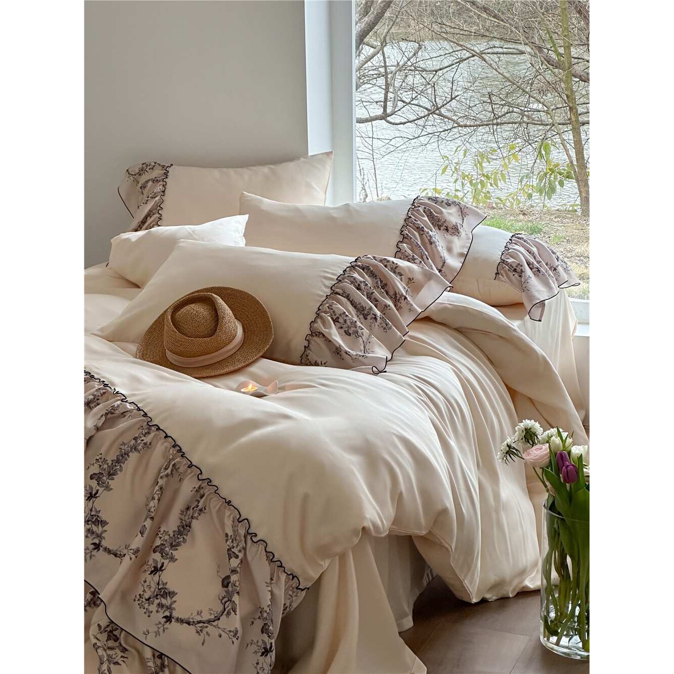 奥地利进口80支双面天丝四件套水墨画风景花边被套床上冰丝套件