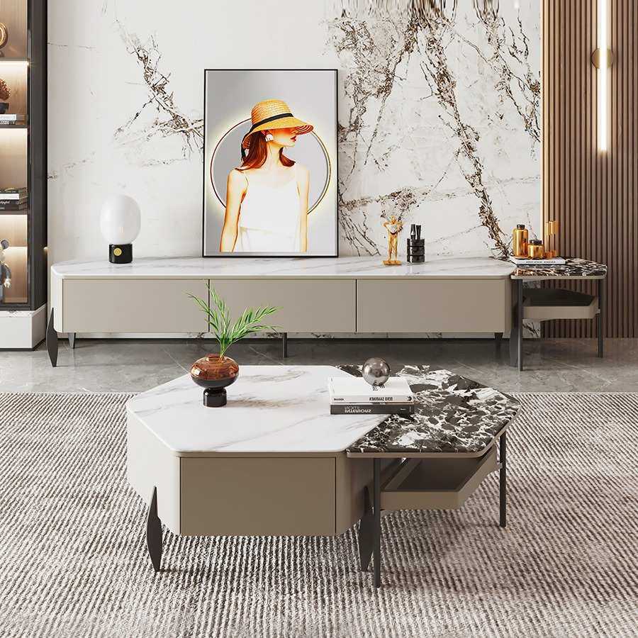 微晶石电视柜轻奢极简约高端异形储物超晶石意式客厅茶几组合地柜