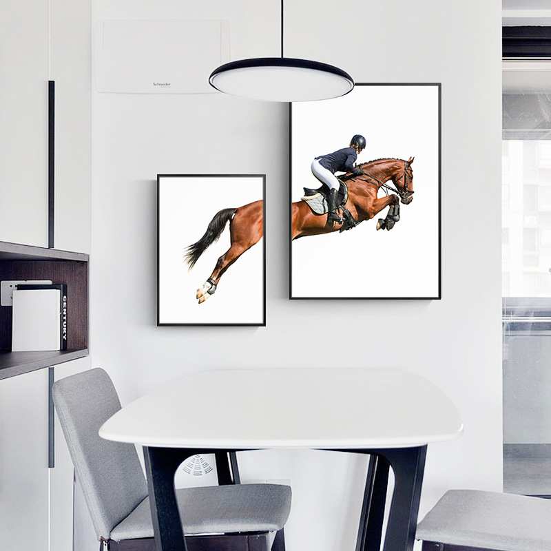 现代简约装饰画马术骑马客厅沙发办公室创意时尚艺术黑白墙画挂画图片