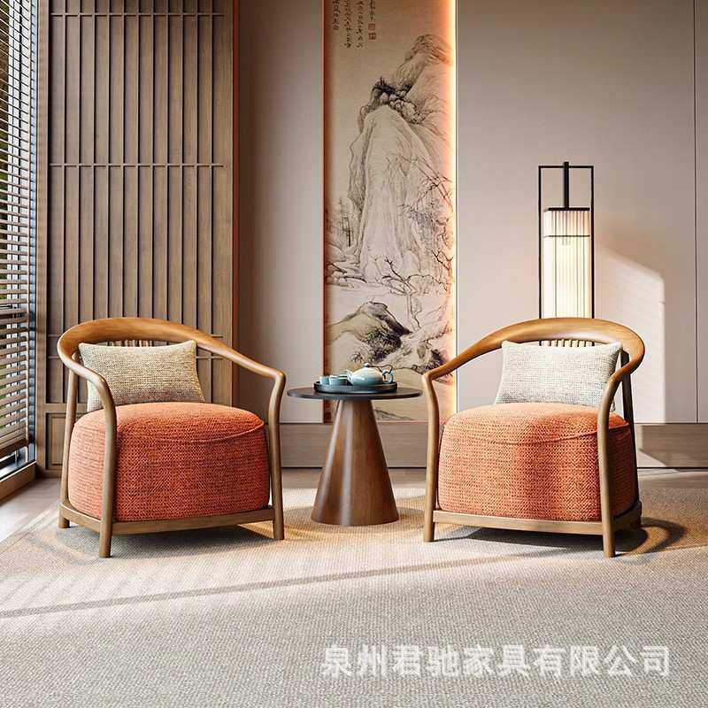 新中式单人休闲椅售楼部洽谈实木布艺沙发酒店大堂会客区单人围椅