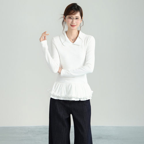 甜美polo领花边下摆长袖磨毛t恤女2026秋冬新款设计内搭打底上衣