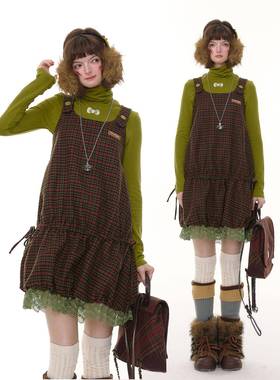 ziziFei秋冬季美式覆古新款设计感红色格纹蕾丝下摆背心连衣裙女