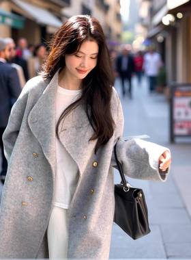 灰色羊毛双面呢大衣女25新款高级感韩系中长款小个子羊绒毛呢外套
