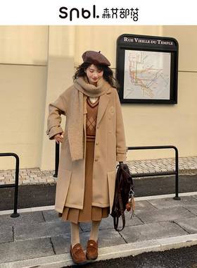 森女部落韩系纯色长款毛呢外套女2025新款学院风百搭宽松秋冬大衣